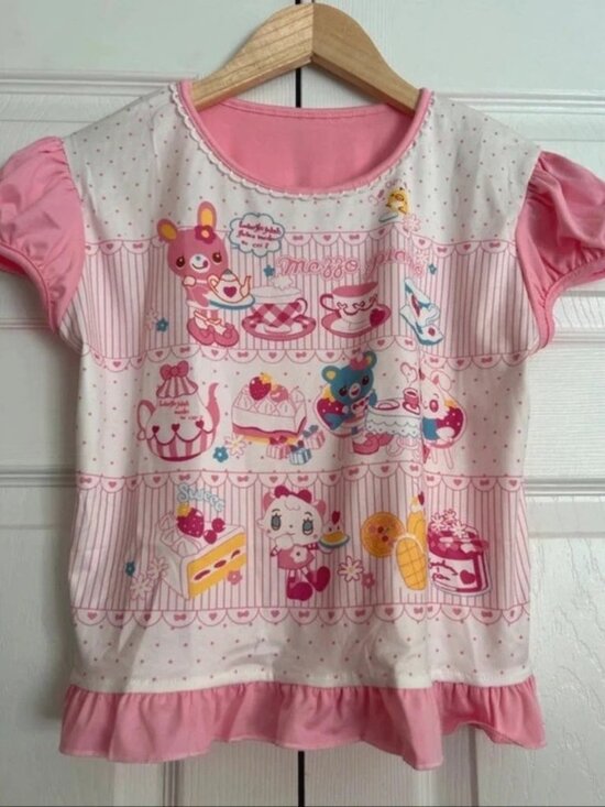Tops - Y2K Kawaii Pink Graphic Tee Tea Party Bunnies Print Puff Sleeves Size 2